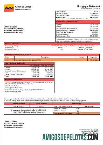 Declaração de hipoteca do banco Congo Credit Du Congo modelo